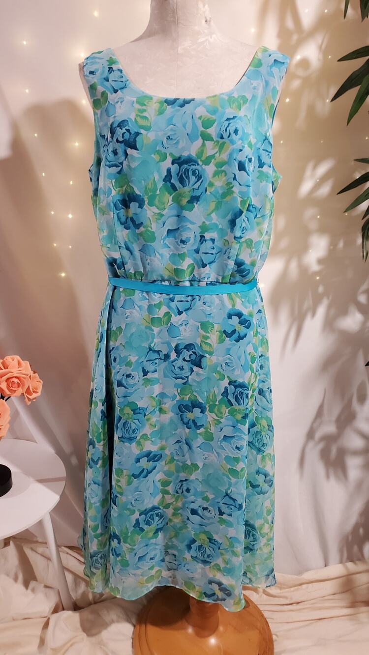 Vtg Dressbarn Sheer Overlay Floral Rose Midi Dress Sz 16W Cottage Fairy 90s Y2K